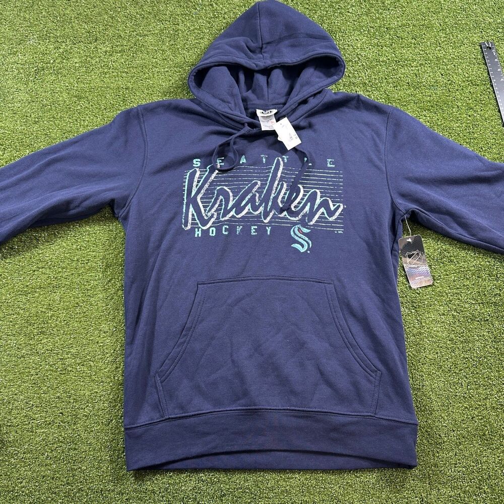 NHL Seattle Kraken Hockey Script Pullover Hoodie Medium Navy Blue Sweatshirt NWT
